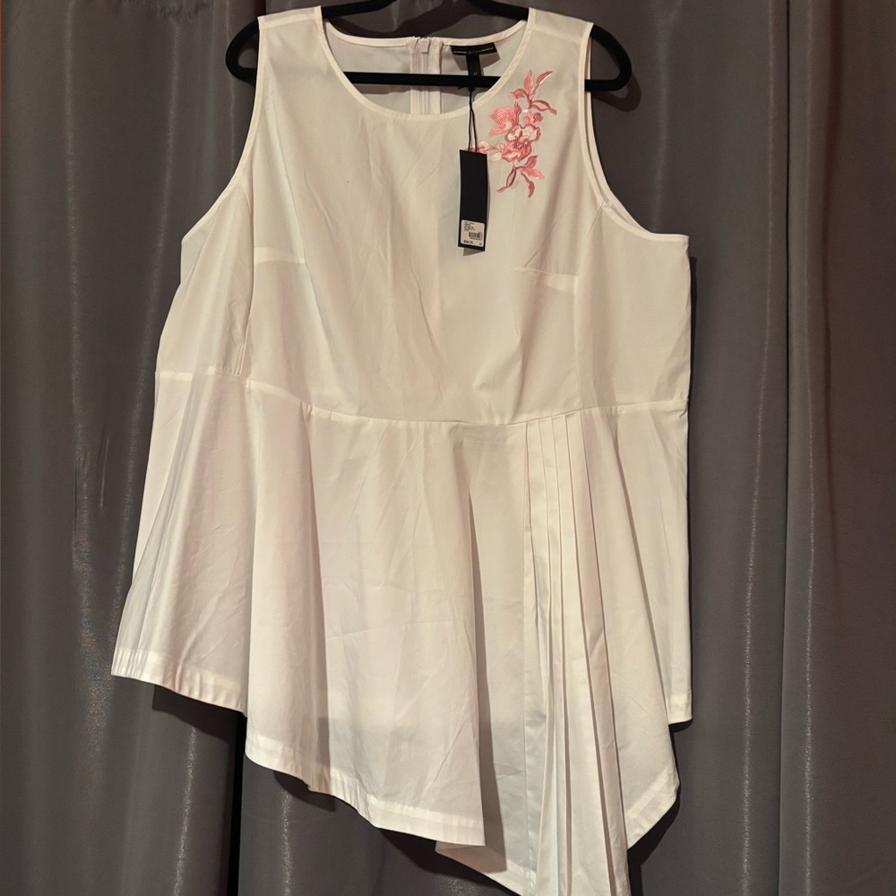 Lane Bryant White Asymmetrical Blouse with Pink Embroidery